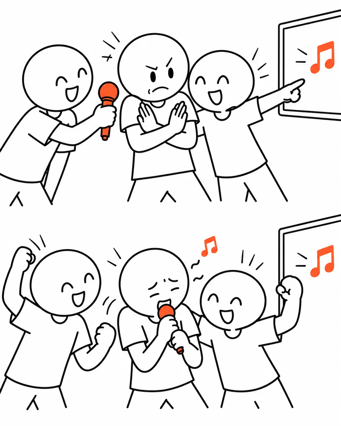 Znajomi namawiają jedną osobę do karaoke. Najpierw odmawia przyjęcia mikrofonu, a potem ulega i zaczyna śpiewać.