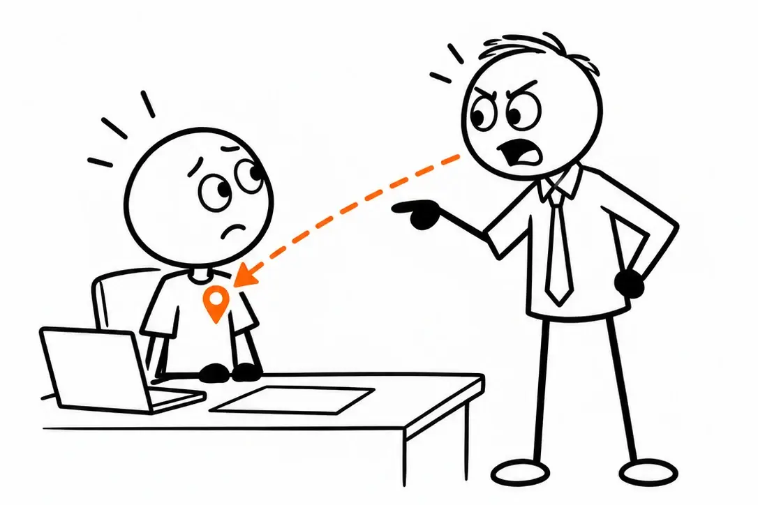 Linia prowadzi od mówiącego szefa do pinezki na pracowniku. Szef mówi w kierunku pracownika.